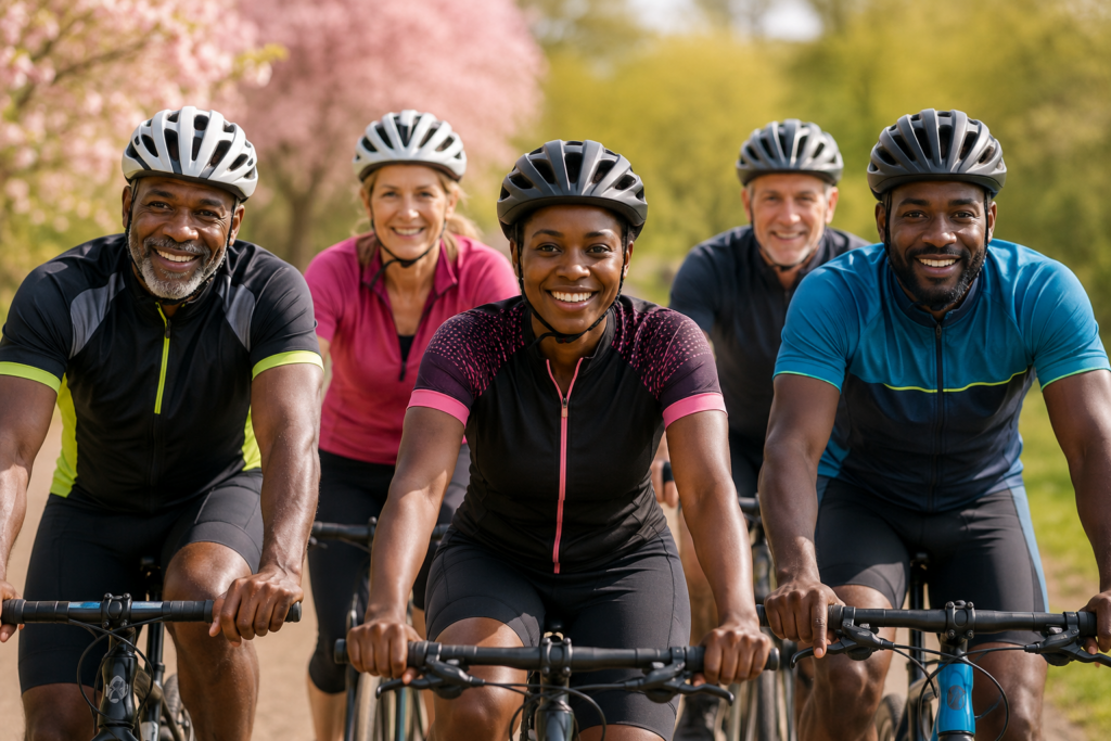 eine bunt gemischte Gruppe von Radfahrern von vorne, alle mit Helm.