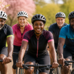 eine bunt gemischte Gruppe von Radfahrern von vorne, alle mit Helm.